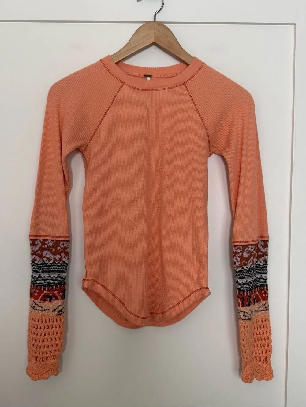 Free People Waffle Knit Thermal Top S Peach Contrast Fair Isle Crochet Cuff Boho